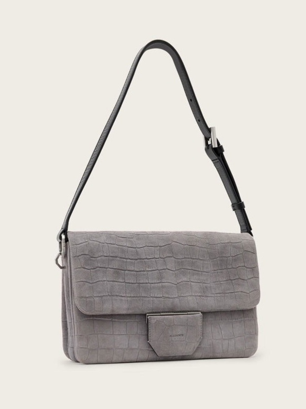 All Saints Ondine Gray Croc-Embossed Shoulder Bag with Black Strap